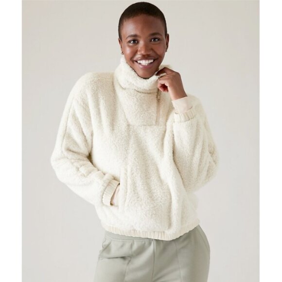 ATHLETA Tugga Sweatshirt Sherpa Teddy Fleece High-Neck Off-White Beige Size S - Picture 1 of 10